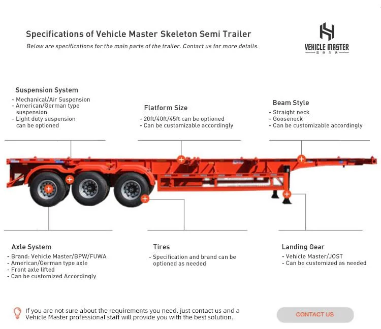 Vehicle Master 2 3 4 Axles 30 60 80 100t Skeleton 40 45 FT Skeletal Shipping Container Chassis Semi Truck Trailer